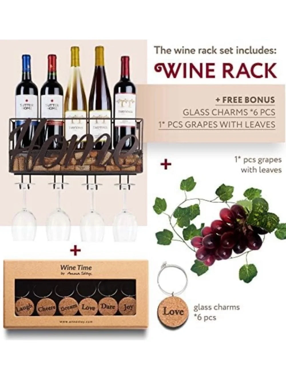 Home Metal Wine Rack with Hanging Glass Holders and Cork Tags - dark brown